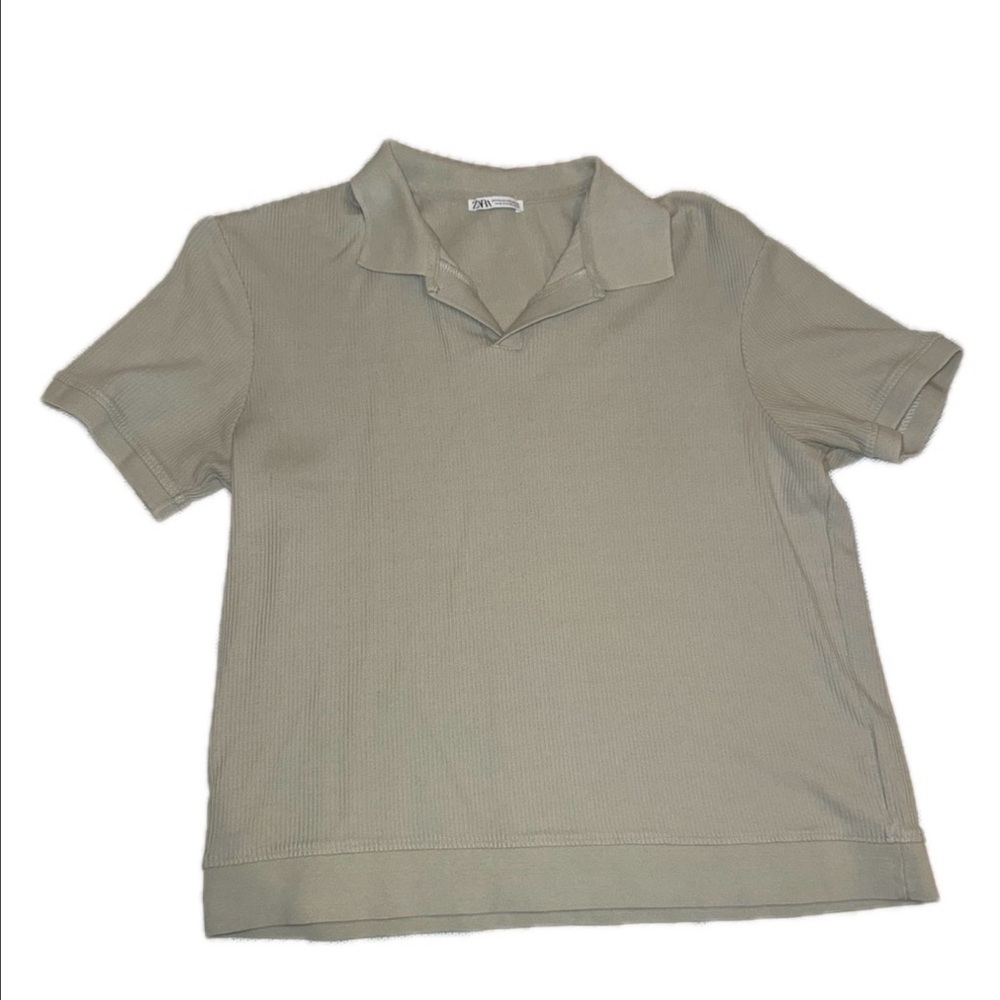 ZARA Ribbed Polo Shirt XXL Green Short Sleeve Minimal Casual